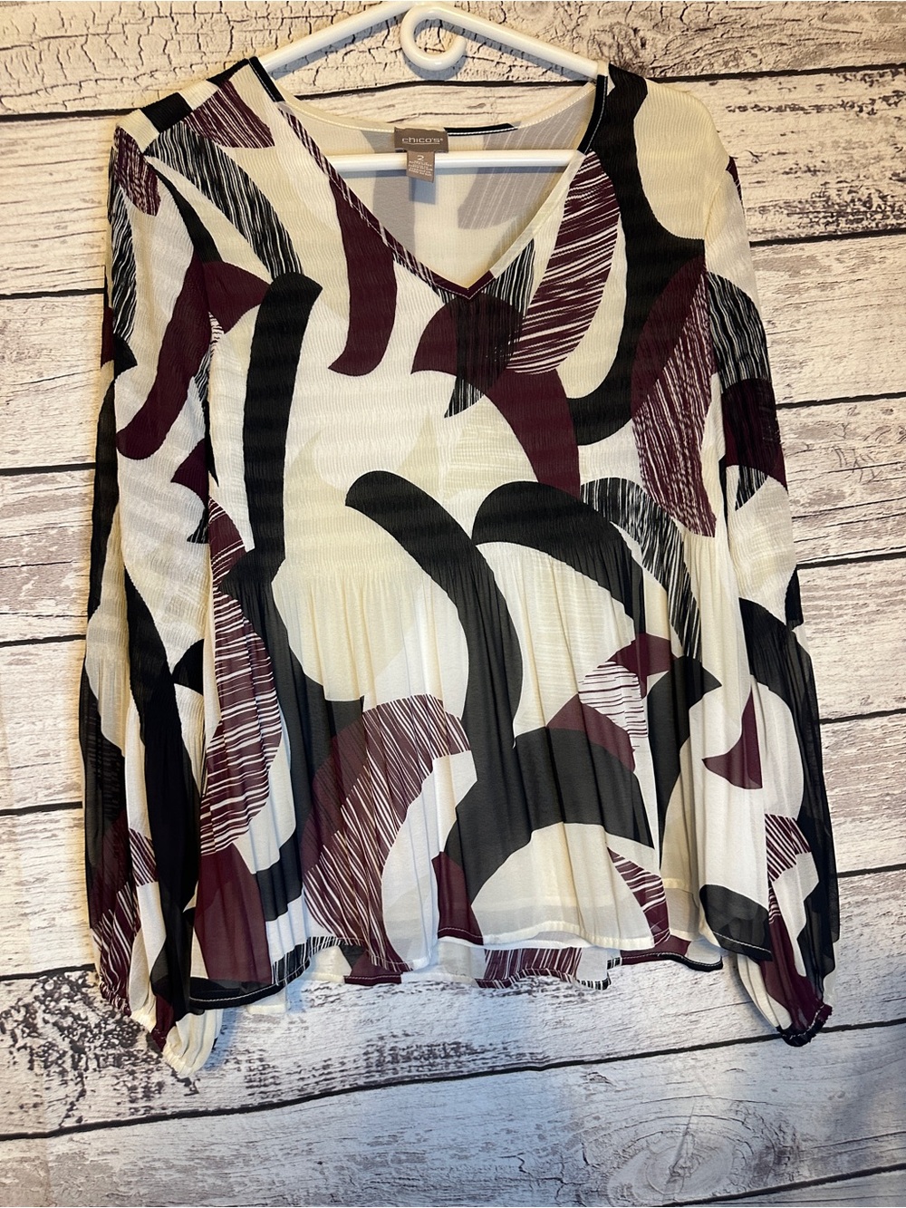 Chico’s Abstract Print Sheer Blouse Size 2 Large Flowy Boho Top